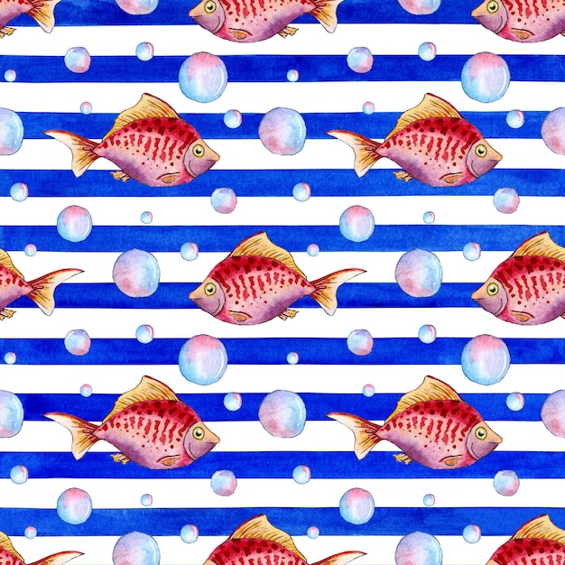 Pattern red fish on a striped watercolor background