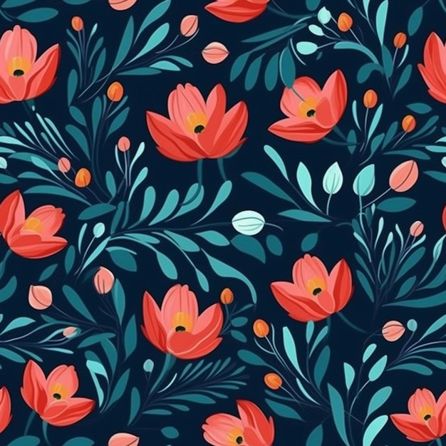 Photo a pattern of red flowers and leaves on a dark background generative ai