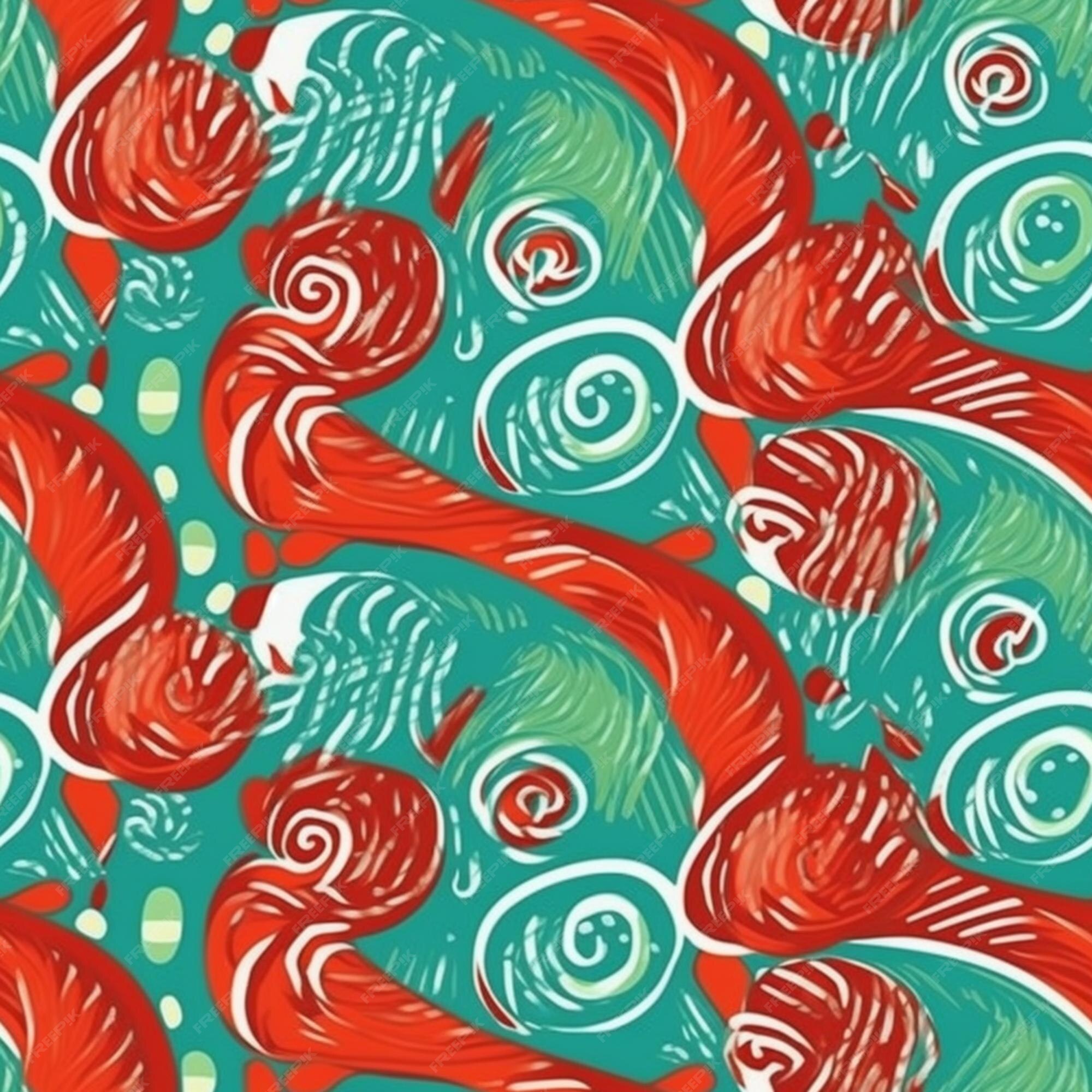 Premium Photo | A pattern of red and green fish on a blue background