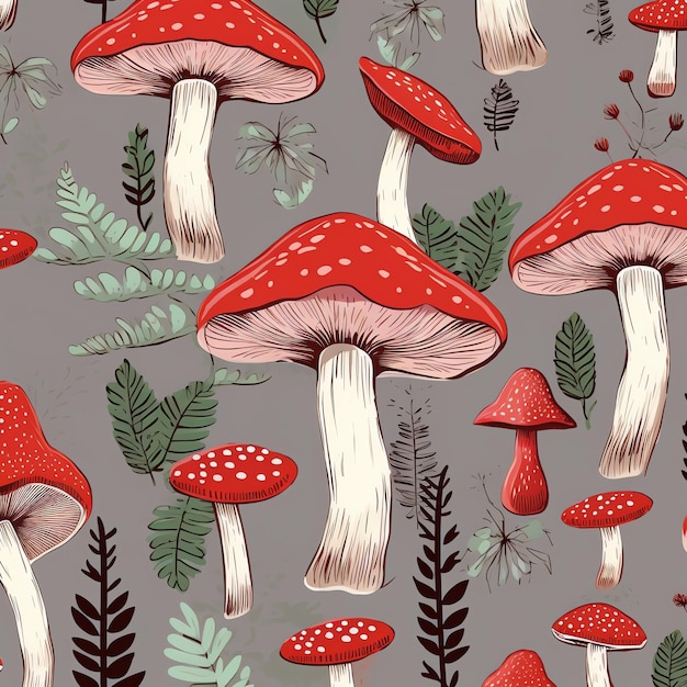 A pattern of red mushrooms and leaves