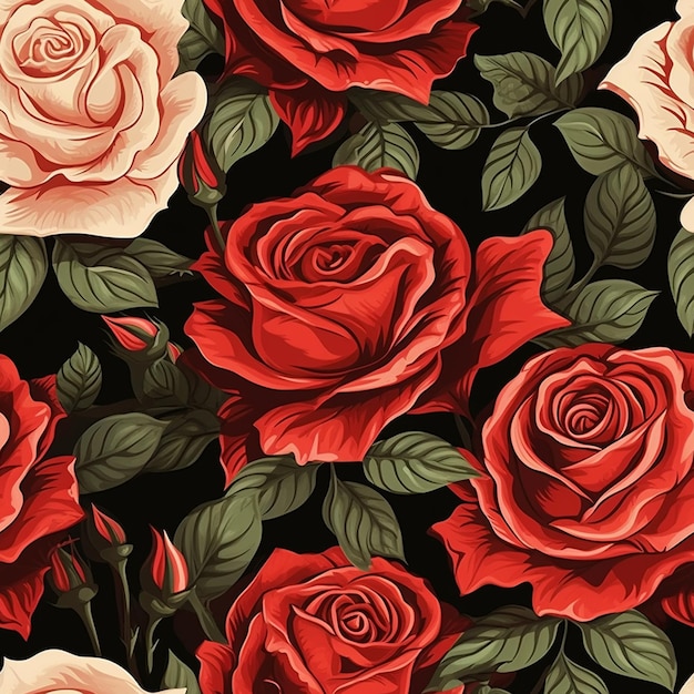 a pattern of red roses with green leaves.