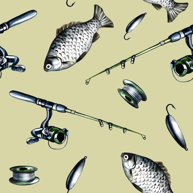 Premium Photo  Pattern seamless texture with fish and fishing rods for the  angler. watercolor illustration.