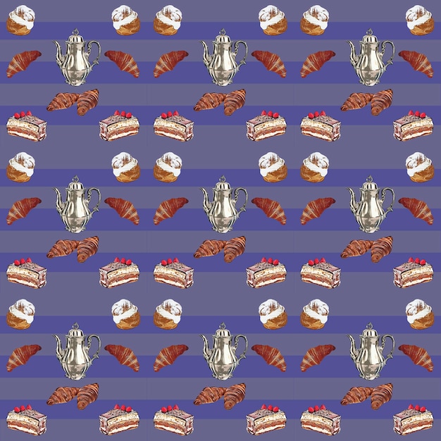 사진 부엌을 위한 커피 포트 크루아상 케이크 벽 벽지와 함께 커피 테마 기하학적 매끄러운 패턴 배경에 패턴 매끄러운 벽지