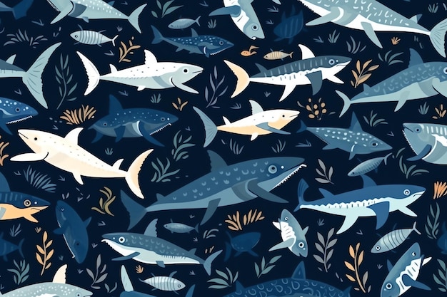 a pattern of sharks and fish