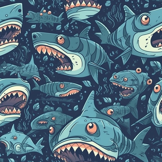 A pattern of sharks with a red eye and a black background