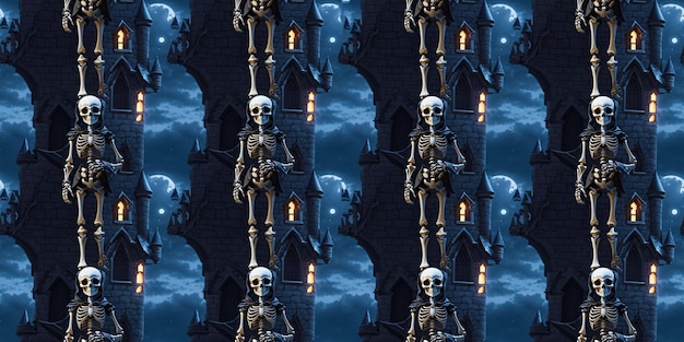 Pattern of the skeletons of the castle and the moon on a dark blue background Generative AI