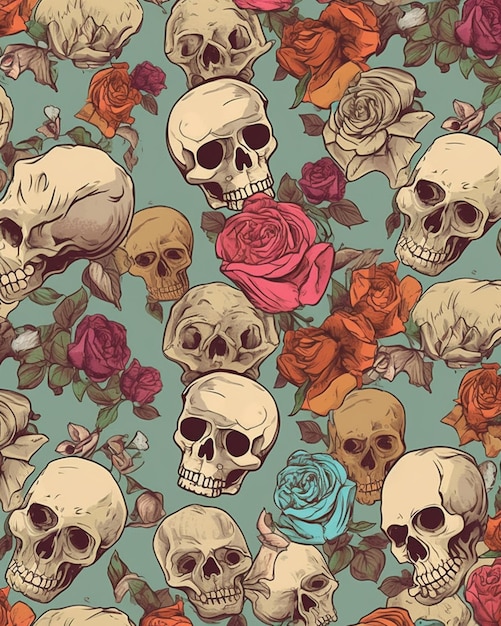 A pattern of skulls and roses with the word skull on it.