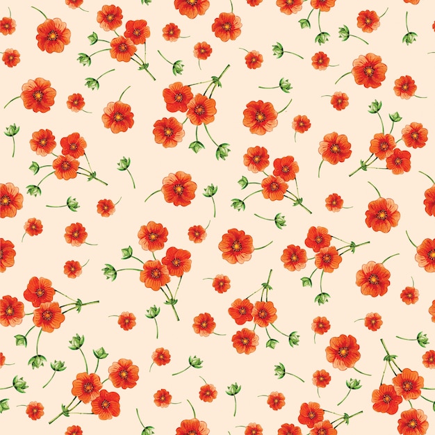 Pattern of small orange flowers on a beige background. Textile background. Watercolor.