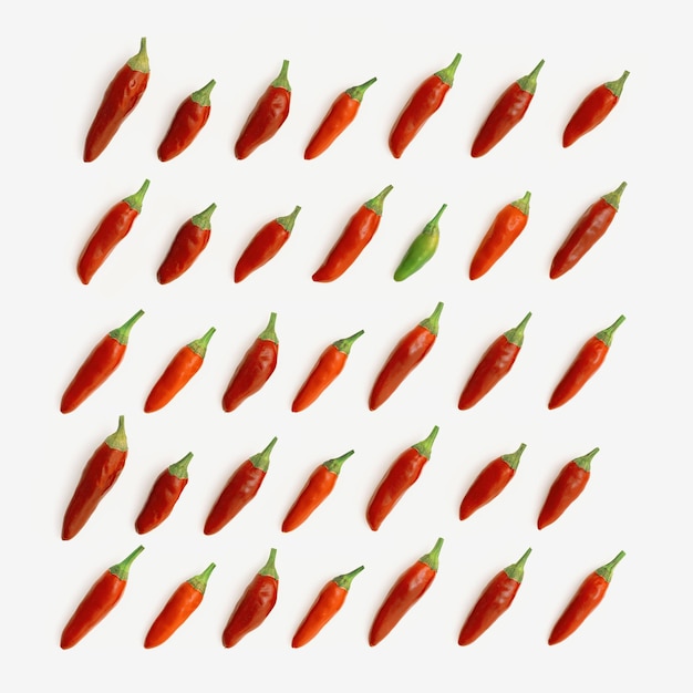 Pattern of small peppers on a white background one green pepper among all red ones not like everyone else