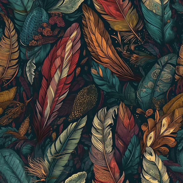 A pattern of stylized feathers with intricate details and a rich color palette