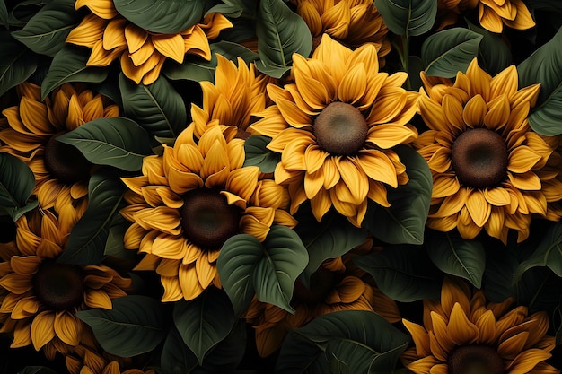 A pattern of sunflowers with green leaves on a black background