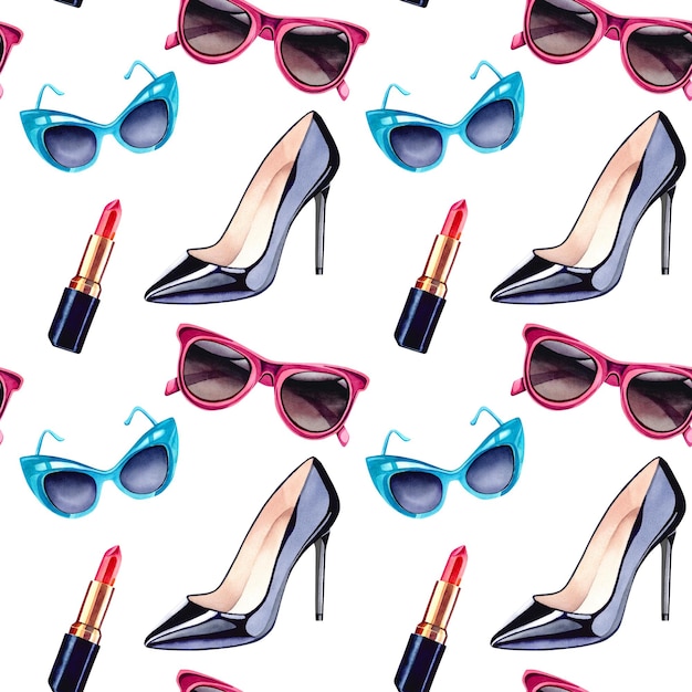 A pattern of sunglasses women's lipstick and shoes Watercolor illustration Beauty and fashion A stylish accessory Background collage and decorations