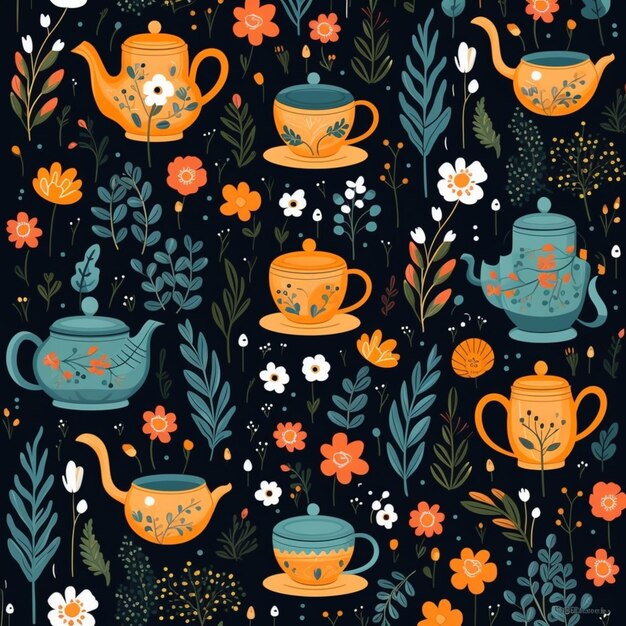 Photo a pattern of teapots and flowers on a black background generative ai