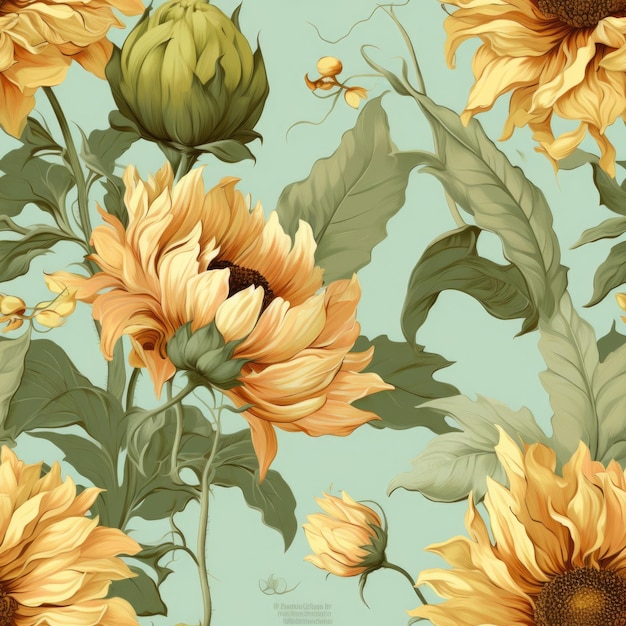 pattern tile sunflower and buds Baroque seamless wallpaper