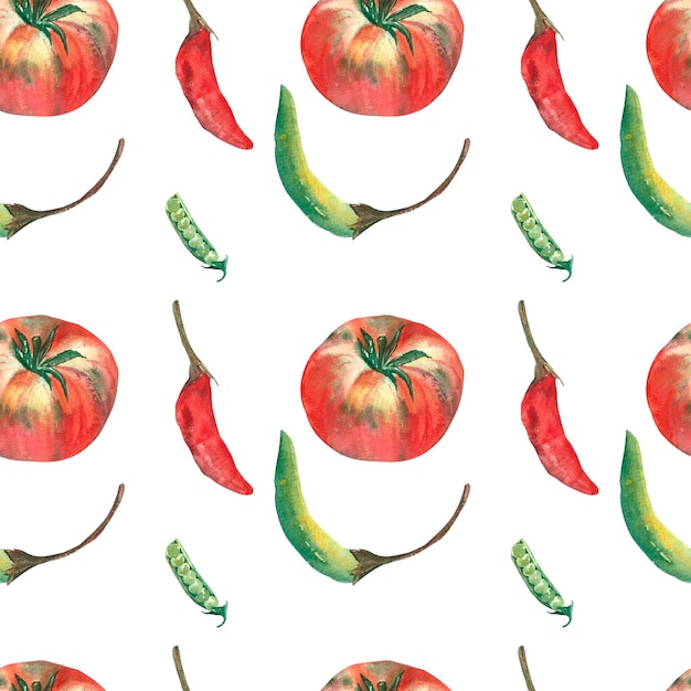 Pattern tomato and peppers by a watercolour On isolated white background Illustration hand drawn