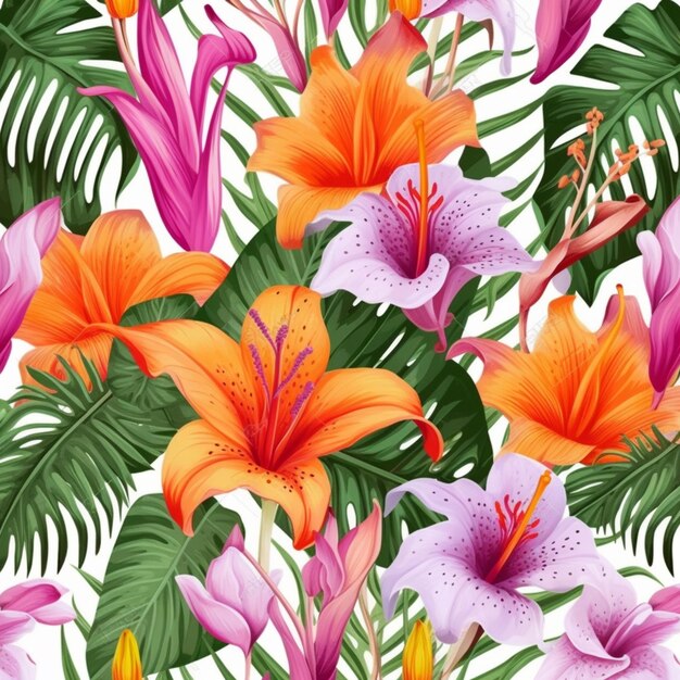 a pattern of tropical flowers and leaves on a white background generative ai