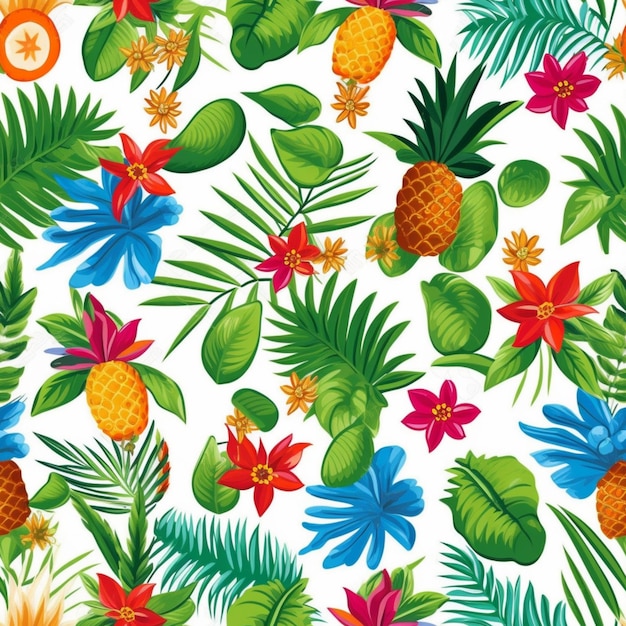 Photo a pattern of tropical leaves and flowers on a white background generative ai