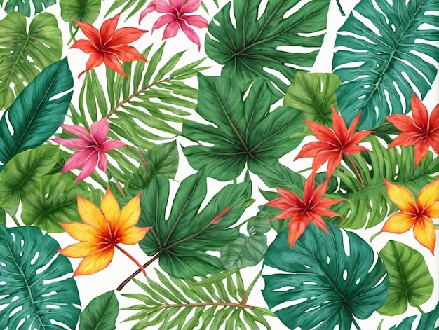 A Pattern Of Tropical Leaves And Flowers On A White Background