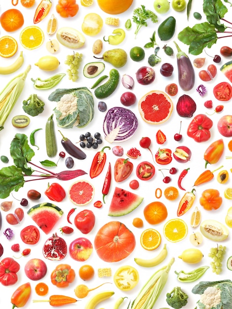 pattern of various fresh vegetables and fruits isolated on white