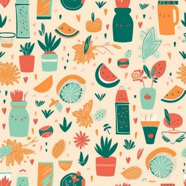 A pattern of various fruits and vegetables on a beige background generative ai