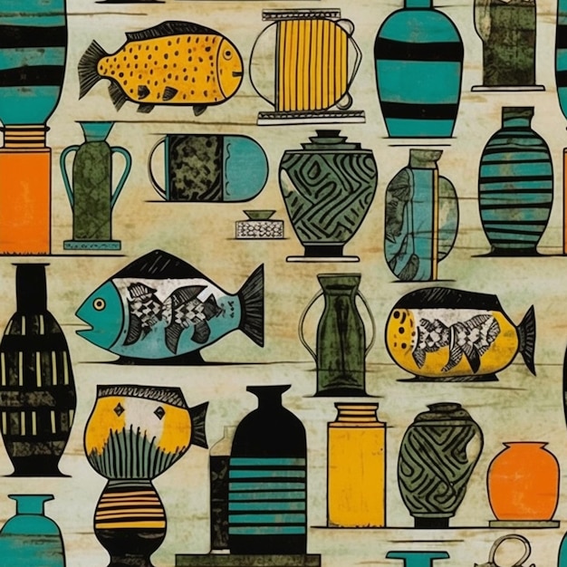 A pattern of vases and vases with a fish on them.