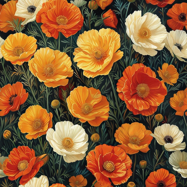 Pattern of vibrant California poppies orange yellow and white flower in full bloom