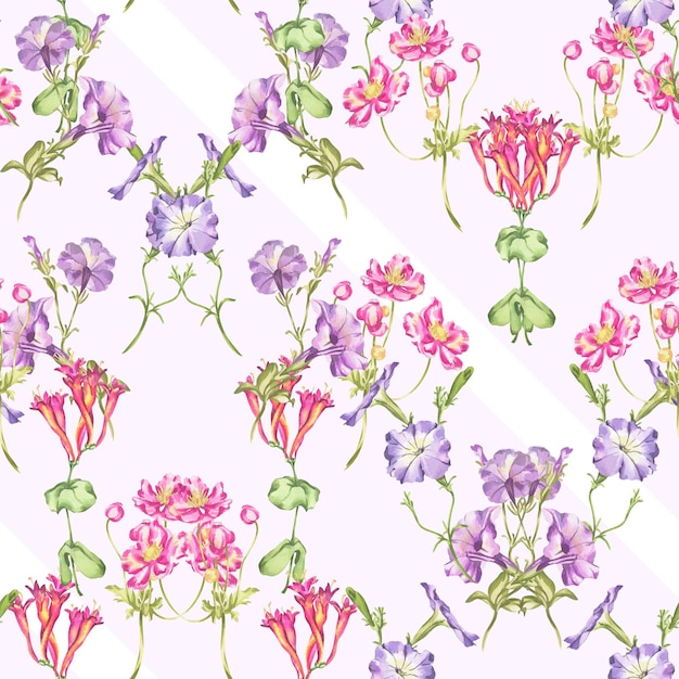 Pattern watercolor illustration of garden flowers