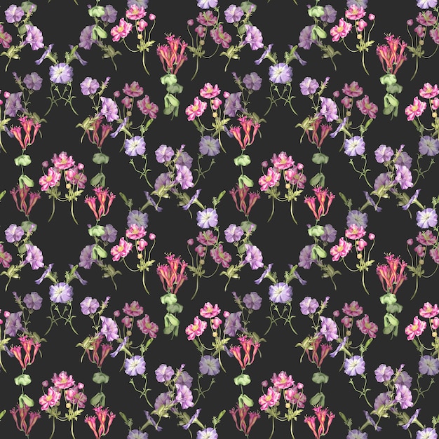 Pattern watercolor illustration of garden flowers