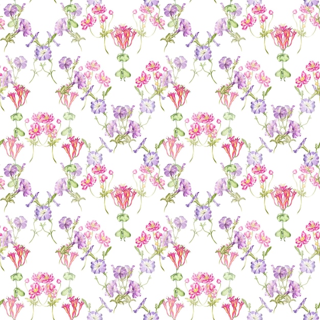 Pattern watercolor illustration of garden flowers