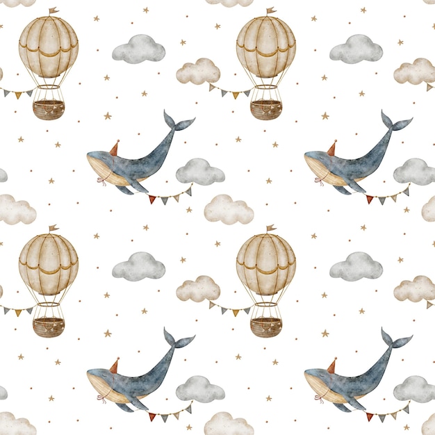 pattern watercolor vintage blue whale balloon clouds seamless print pastel hand drawn illustrations