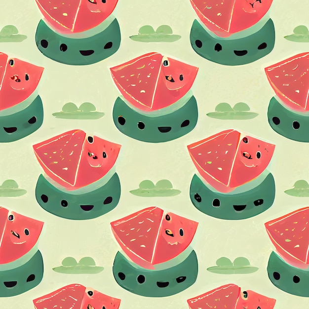 A pattern of watermelon slices with faces on them