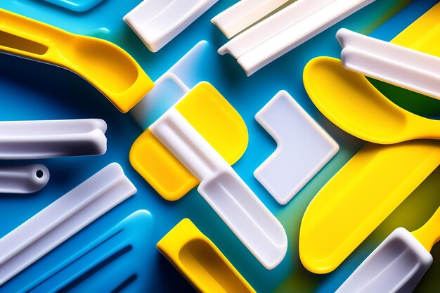 Pattern of white and blue disposable plastic forks on yellow background