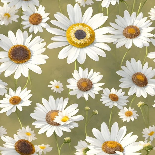 A pattern of white daisies with a yellow center.