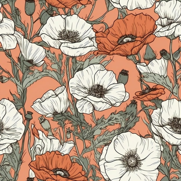 A pattern of white and orange poppies with a green stem.