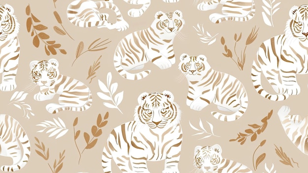 Photo a pattern of white tigers with leaves and branches