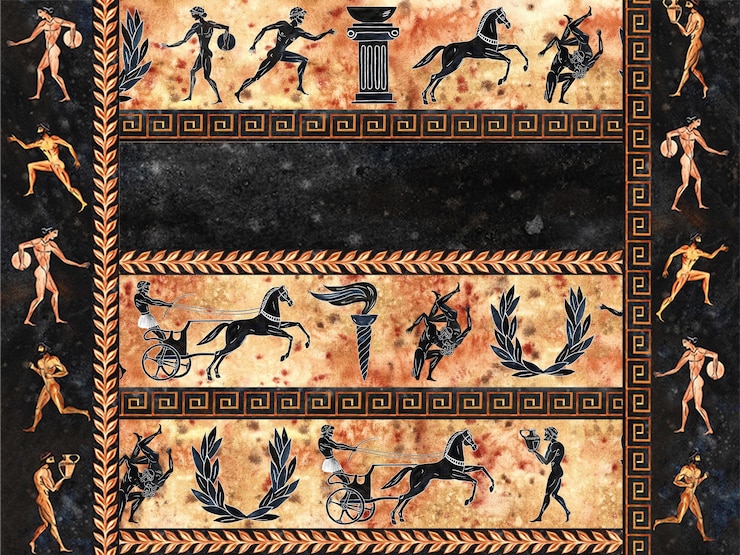Photo a pattern with ancient greek athletes in the style of ancient greek handpainted in watercolor