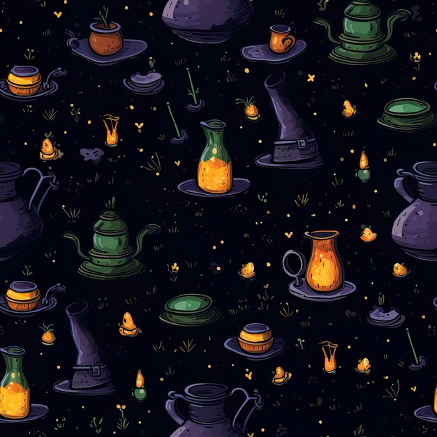 Photo pattern with bubbling cauldrons potion bottles and witch's hats all set against a dark starry background generative ai