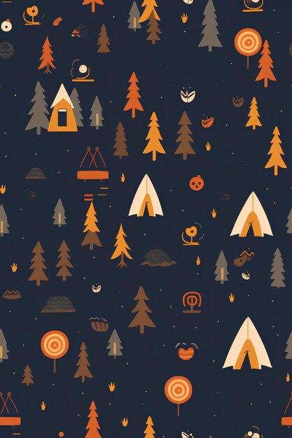 A pattern with campfire toys and trees