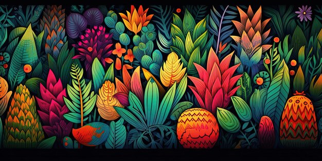 Photo a pattern with carved pineapples and tropical plants in the style of playful shapes