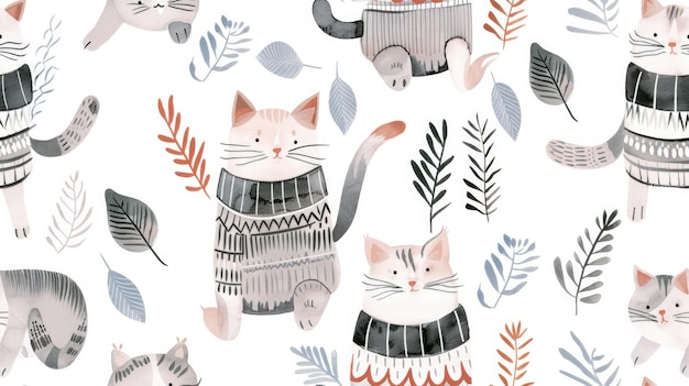 Photo a pattern with a cat and a pot of leaves