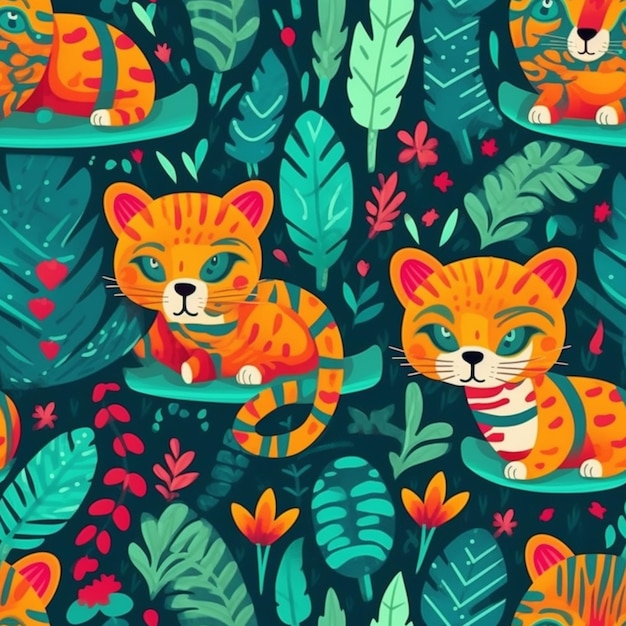 A pattern with cats in the jungle.