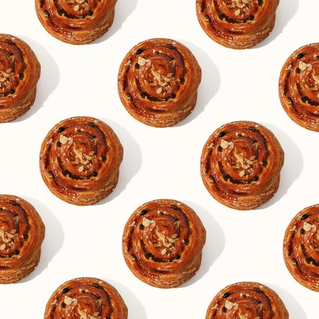 Photo pattern with cinnamon buns on white background top view