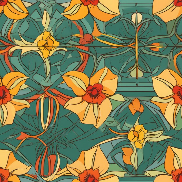 A pattern with daffodils and flowers.