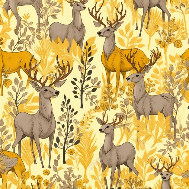 a pattern with deers and trees.