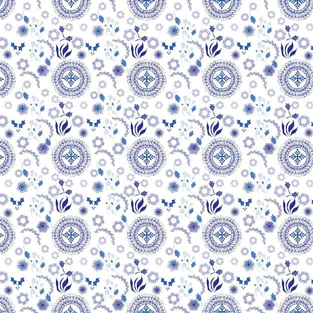 Pattern with different ornamental shapes of blue color on a white background