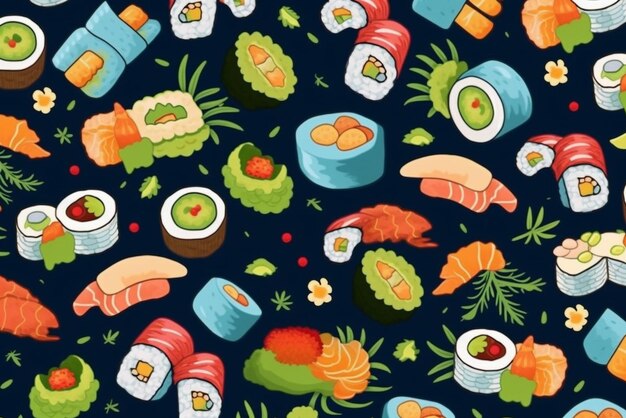 A pattern with different types of sushi on a dark background