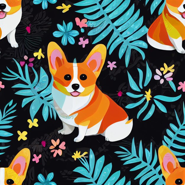 A pattern with a dog and a leafy background