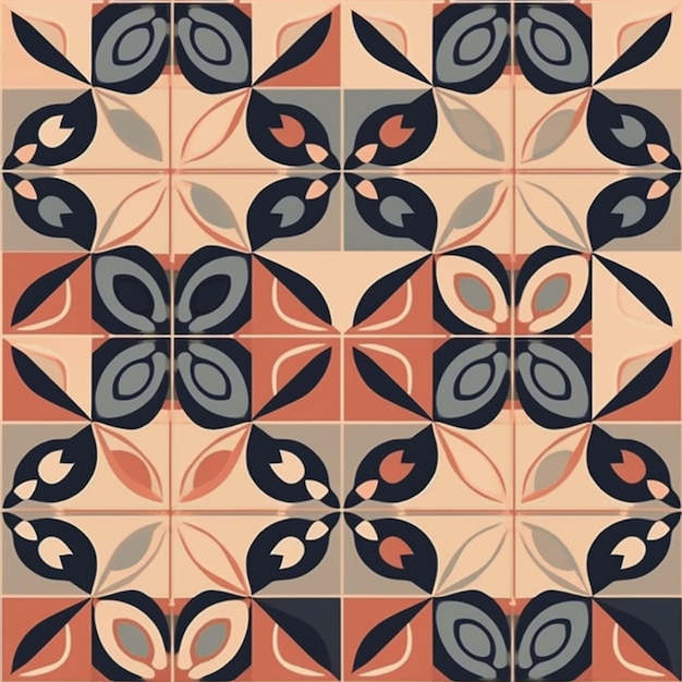 A pattern with a floral motif in brown, blue and orange.