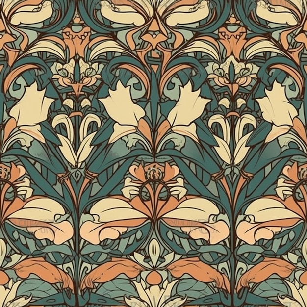 Photo a pattern with flowers and leaves in blue, green and orange.