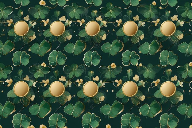 Photo pattern with four leaf with clover and gold circles